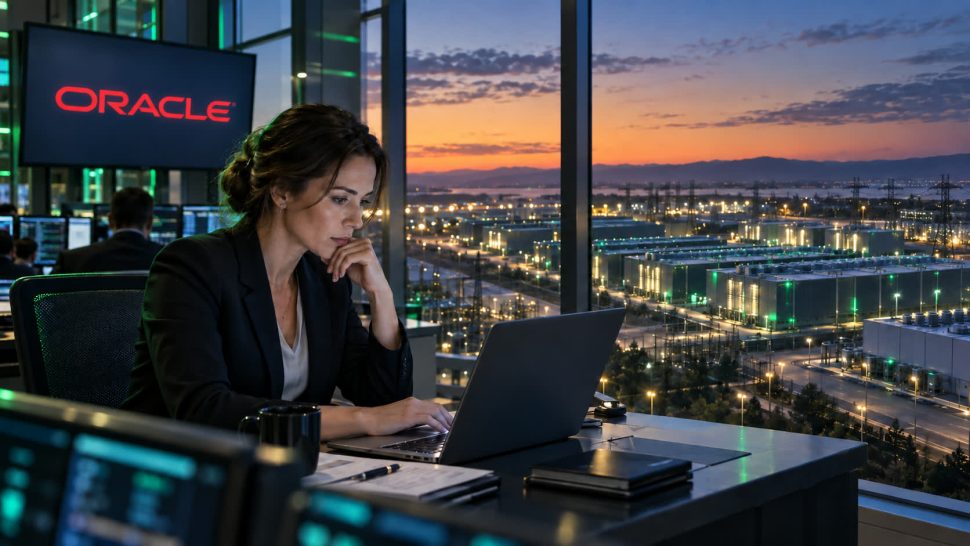 Analytička sleduje výsledky Oracle před datacentrem se zelenými akcenty